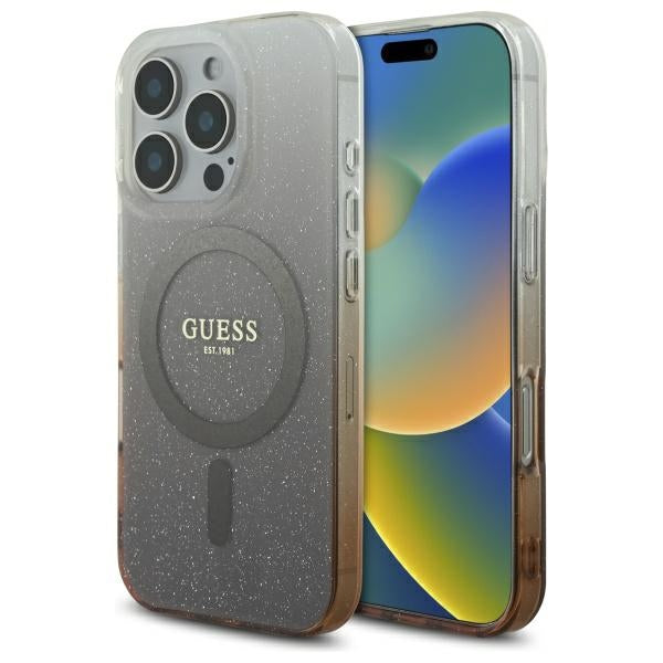MagSafe Hülle für Apple iPhone 16 Pro, Guess, IML Glitter Gradient, Braun