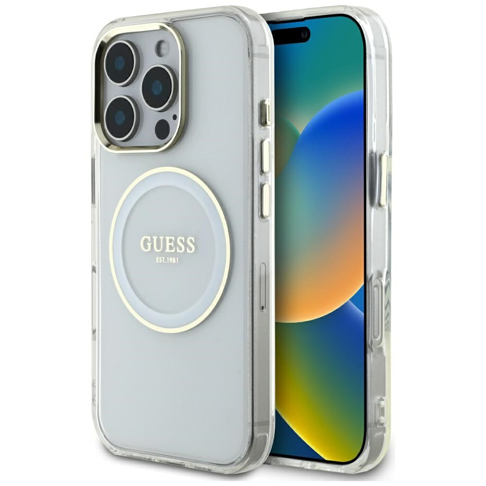 MagSafe Hülle für Apple iPhone 16 Pro, Guess, IML Metal Colored Circle, Weiß