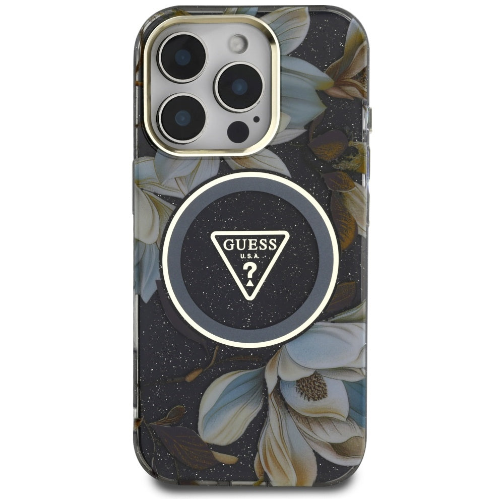 MagSafe Case for Apple iPhone 16 Pro, Guess, IML Metal Glitter Flowers Triangle, Black