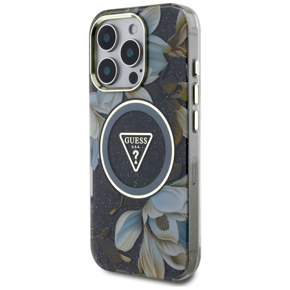 MagSafe Case for Apple iPhone 16 Pro, Guess, IML Metal Glitter Flowers Triangle, Black