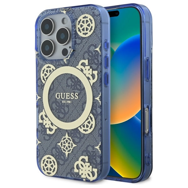 MagSafe-Hülle für Apple iPhone 16 Pro, Guess, IML Pfingstrose auf 4G-Hintergrund, Blau