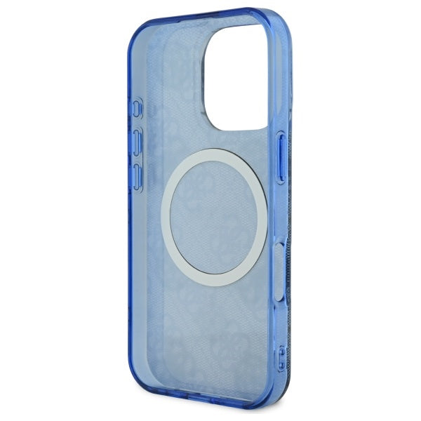 MagSafe-Hülle für Apple iPhone 16 Pro, Guess, IML Pfingstrose auf 4G-Hintergrund, Blau