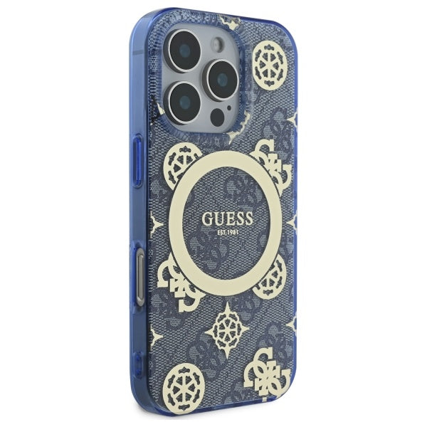 MagSafe-Hülle für Apple iPhone 16 Pro, Guess, IML Pfingstrose auf 4G-Hintergrund, Blau