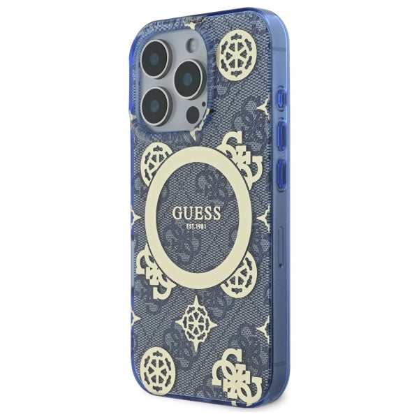 MagSafe-Hülle für Apple iPhone 16 Pro, Guess, IML Pfingstrose auf 4G-Hintergrund, Blau