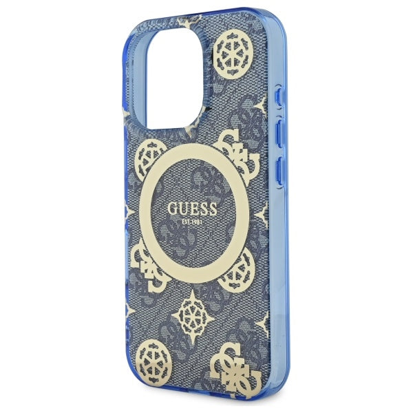 MagSafe-Hülle für Apple iPhone 16 Pro, Guess, IML Pfingstrose auf 4G-Hintergrund, Blau