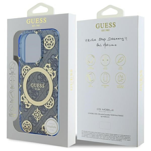 MagSafe-Hülle für Apple iPhone 16 Pro, Guess, IML Pfingstrose auf 4G-Hintergrund, Blau