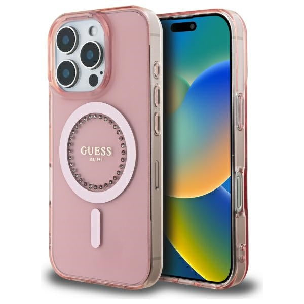 MagSafe Hülle für Apple iPhone 16 Pro, Guess, IML Rhinestone, Rosa