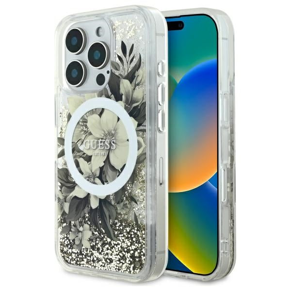 MagSafe Hülle für Apple iPhone 16 Pro, Guess, Liquid Glitter Flower, Beige