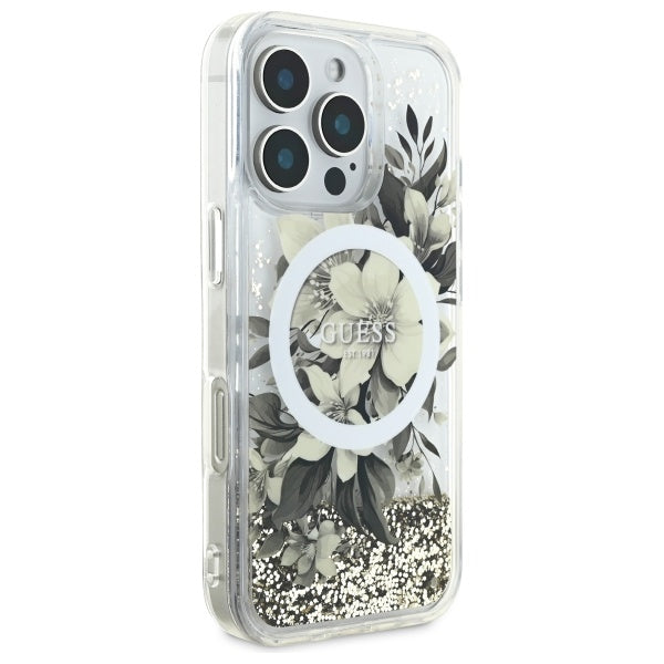 MagSafe Hülle für Apple iPhone 16 Pro, Guess, Liquid Glitter Flower, Beige
