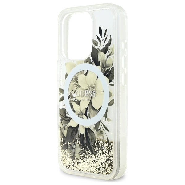 MagSafe Hülle für Apple iPhone 16 Pro, Guess, Liquid Glitter Flower, Beige