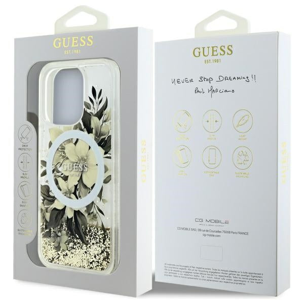 MagSafe Hülle für Apple iPhone 16 Pro, Guess, Liquid Glitter Flower, Beige
