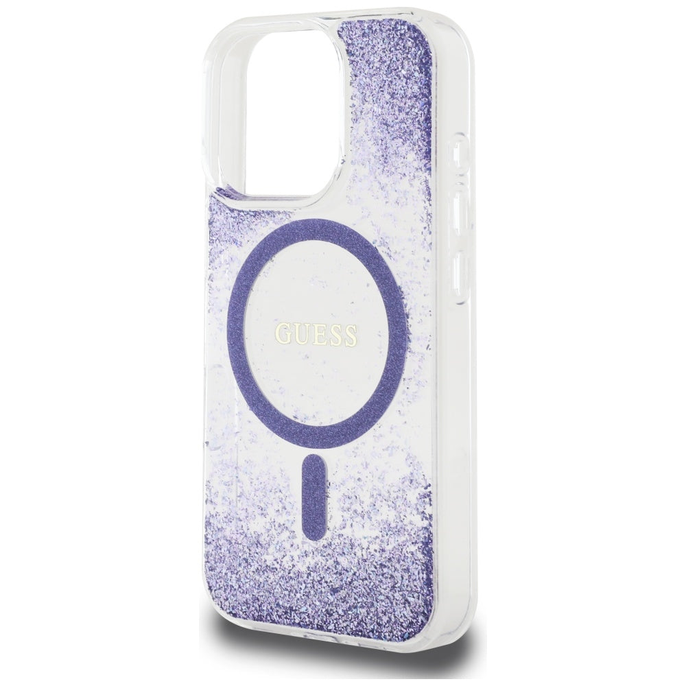 MagSafe Hülle für Apple iPhone 16 Pro, Guess, Resin Bottom Glitter, Lila