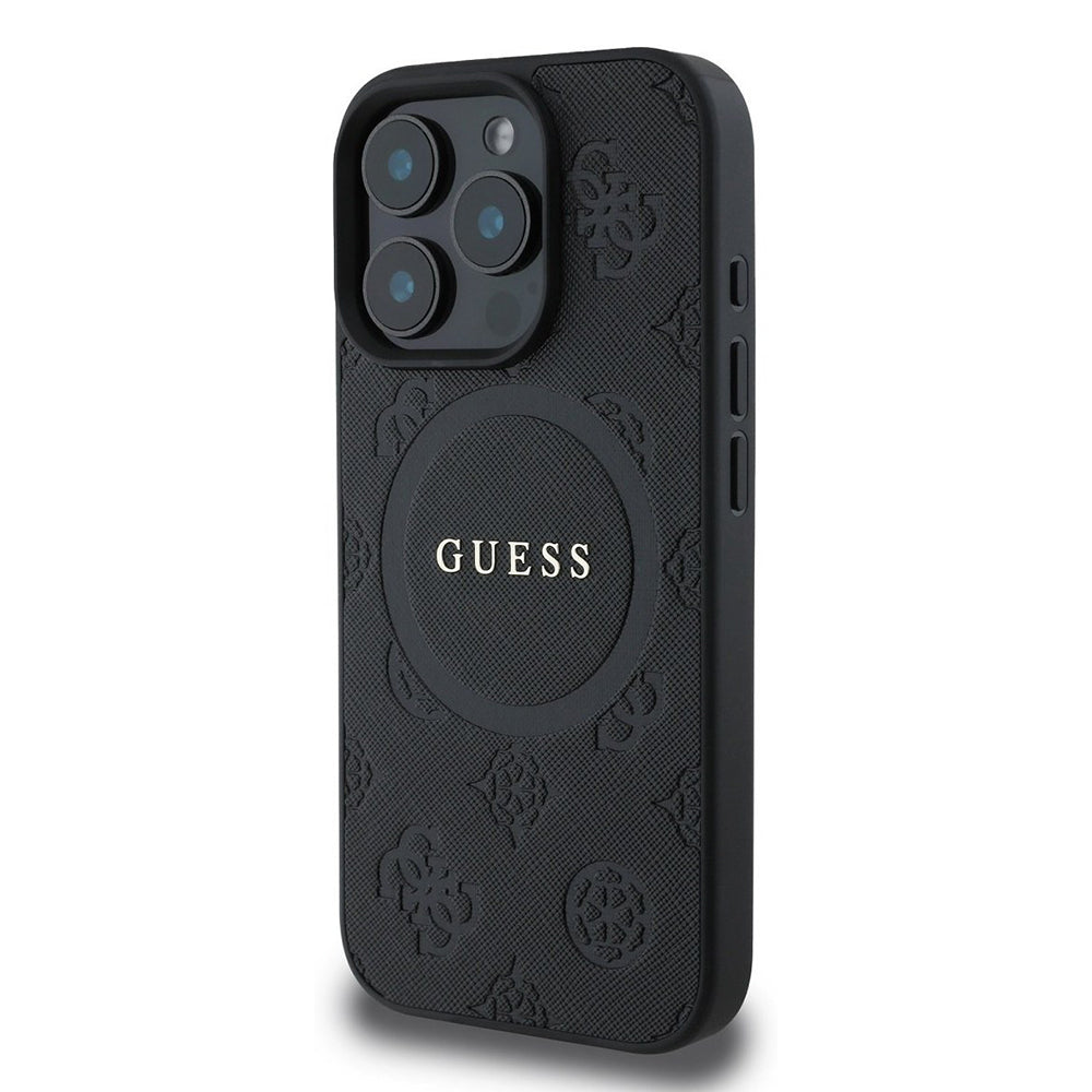 MagSafe Case for Apple iPhone 16 Pro, Guess, Saffiano Peony Classic Logo, Black