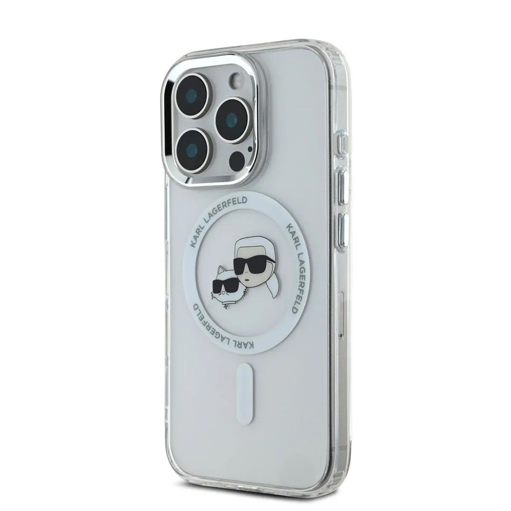 MagSafe Case for Apple iPhone 16 Pro, Karl Lagerfeld, IML Metal Karl & Choupette's Heads, White