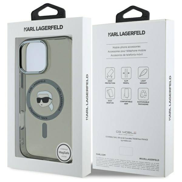 MagSafe Hülle für Apple iPhone 16 Pro, Karl Lagerfeld, IML Metal Karl's Head, Schwarz