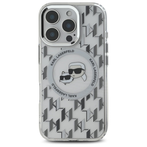 MagSafe Hülle für Apple iPhone 16 Pro, Karl Lagerfeld, IML Monogramm Karl & Choupette's Köpfe, Transparent