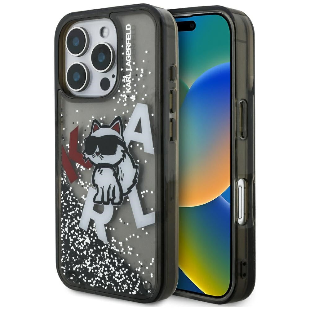 MagSafe Hülle für Apple iPhone 16 Pro, Karl Lagerfeld, Liquid Glitter Choupette Logo, Schwarz
