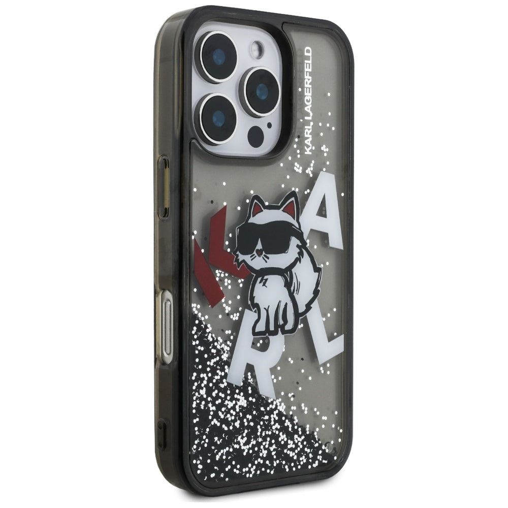 MagSafe Hülle für Apple iPhone 16 Pro, Karl Lagerfeld, Liquid Glitter Choupette Logo, Schwarz
