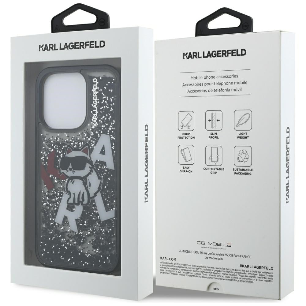 MagSafe Hülle für Apple iPhone 16 Pro, Karl Lagerfeld, Liquid Glitter Choupette Logo, Schwarz