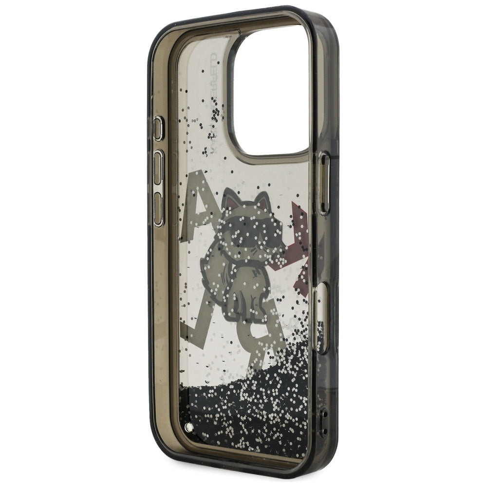 MagSafe Hülle für Apple iPhone 16 Pro, Karl Lagerfeld, Liquid Glitter Choupette Logo, Schwarz