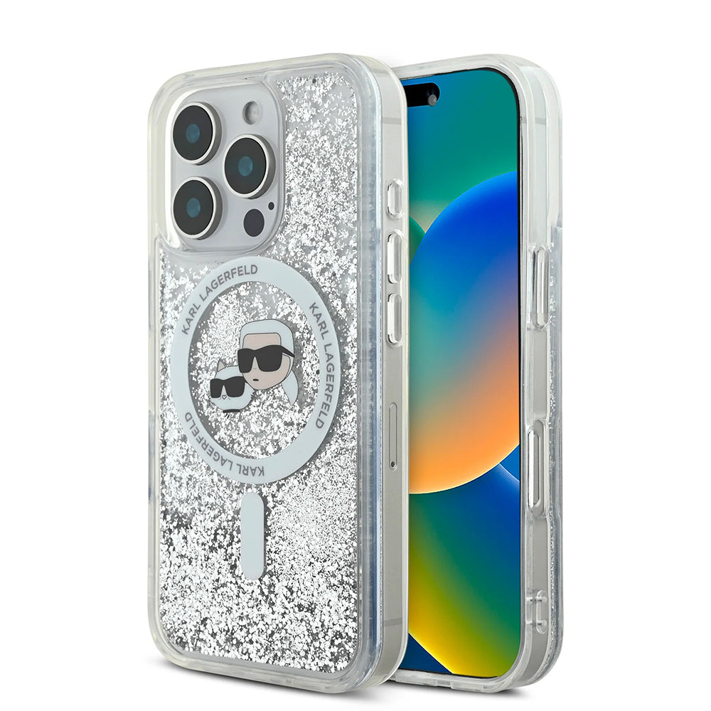 MagSafe Hülle für Apple iPhone 16 Pro, Karl Lagerfeld, Liquid Glitter Karl & Choupette's Heads, Transparent