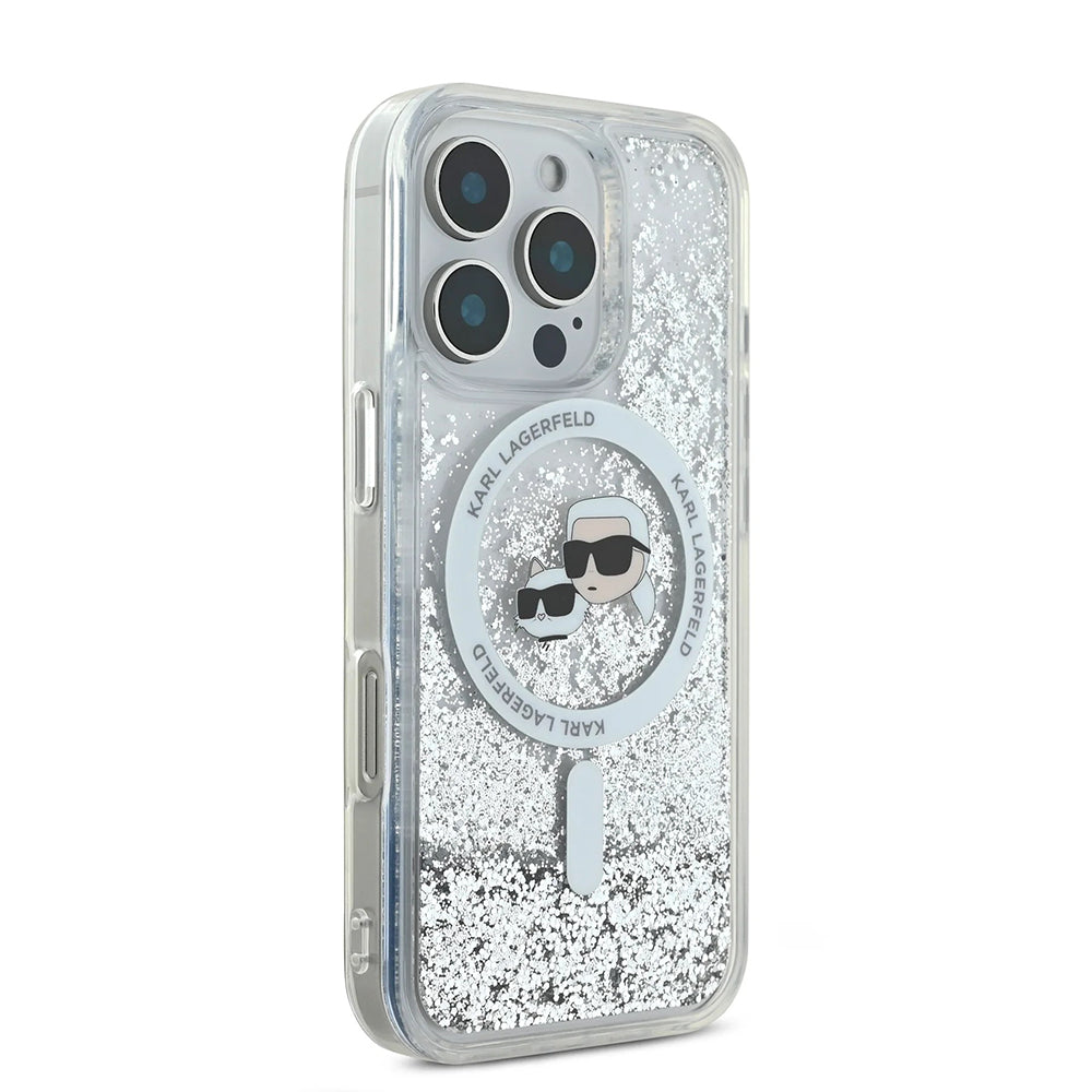 MagSafe Hülle für Apple iPhone 16 Pro, Karl Lagerfeld, Liquid Glitter Karl & Choupette's Heads, Transparent