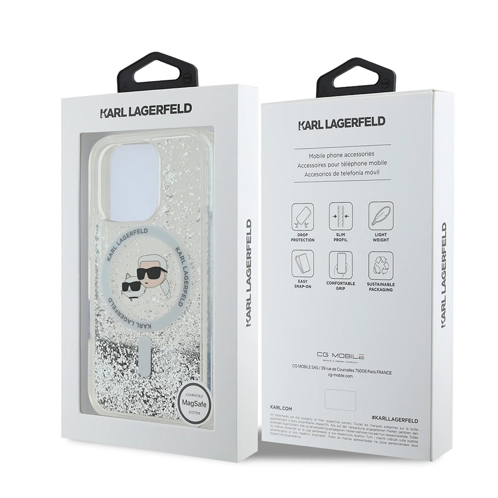 MagSafe Hülle für Apple iPhone 16 Pro, Karl Lagerfeld, Liquid Glitter Karl & Choupette's Heads, Transparent