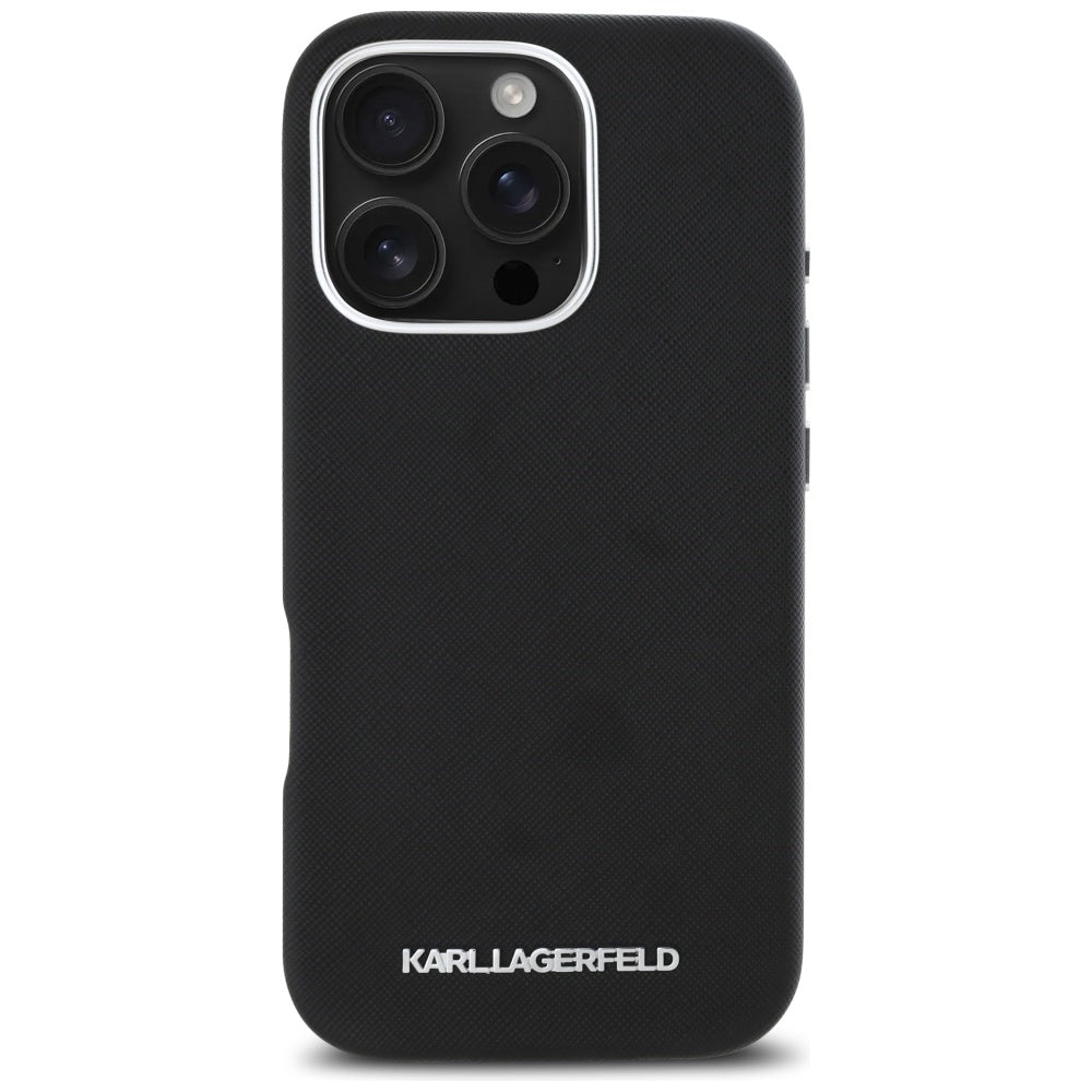 MagSafe Hülle für Apple iPhone 16 Pro, Karl Lagerfeld, Saffiano Full Wrapped Elongated Metal Logo, Schwarz