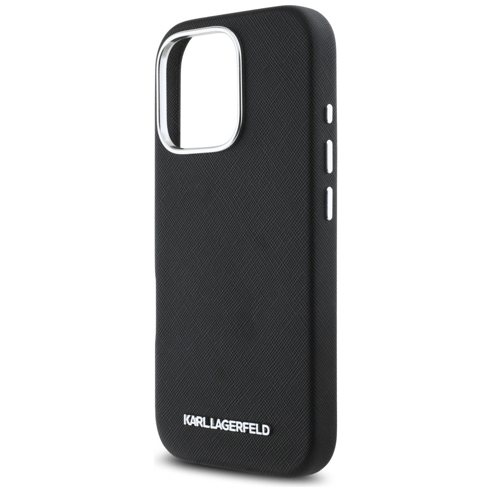 MagSafe Hülle für Apple iPhone 16 Pro, Karl Lagerfeld, Saffiano Full Wrapped Elongated Metal Logo, Schwarz