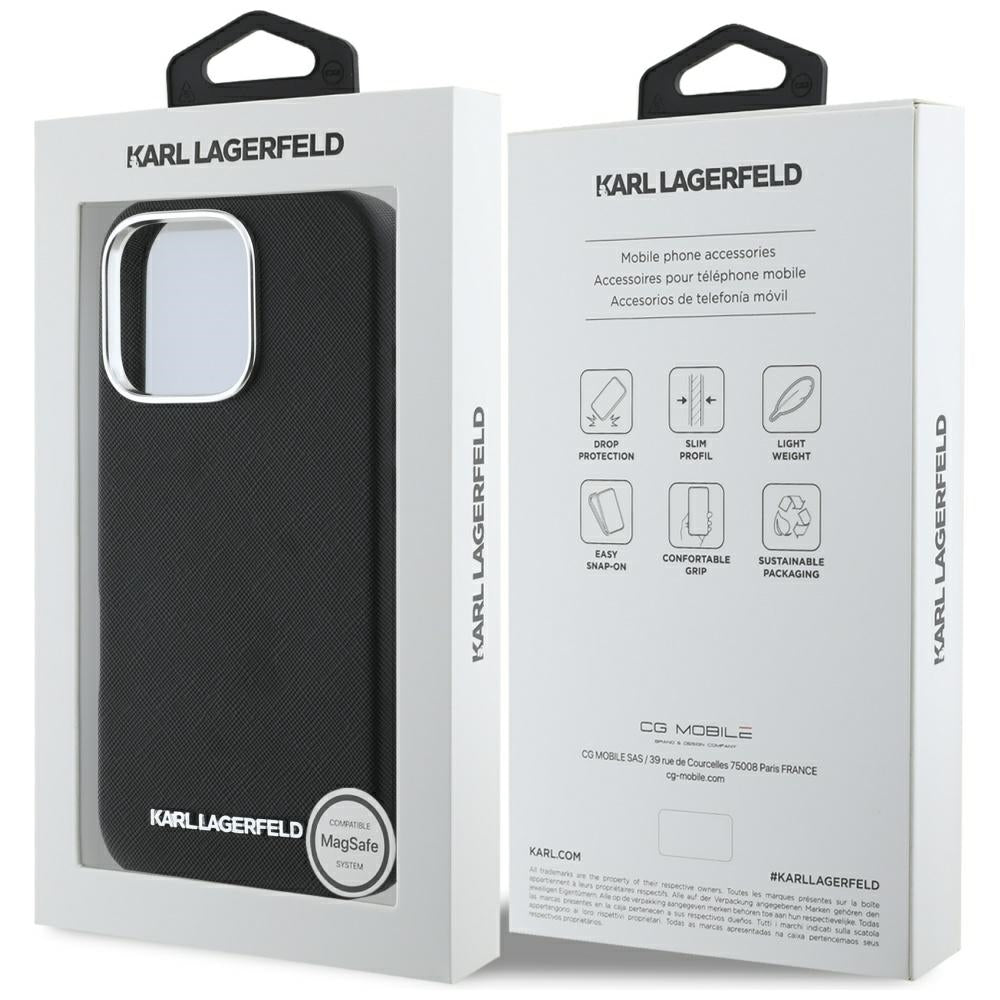 MagSafe Hülle für Apple iPhone 16 Pro, Karl Lagerfeld, Saffiano Full Wrapped Elongated Metal Logo, Schwarz