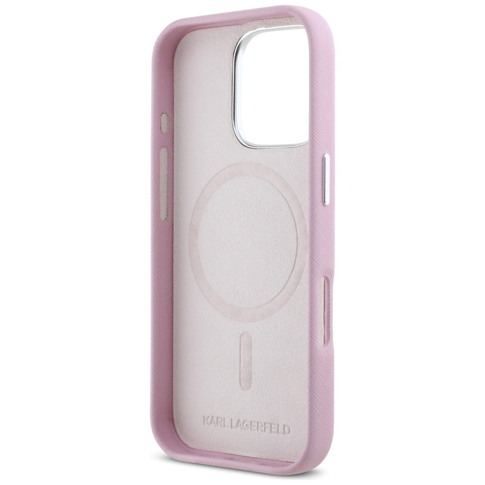MagSafe Hülle für Apple iPhone 16 Pro, Karl Lagerfeld, Saffiano Full Wrapped Elongated Metal Logo, Rosa