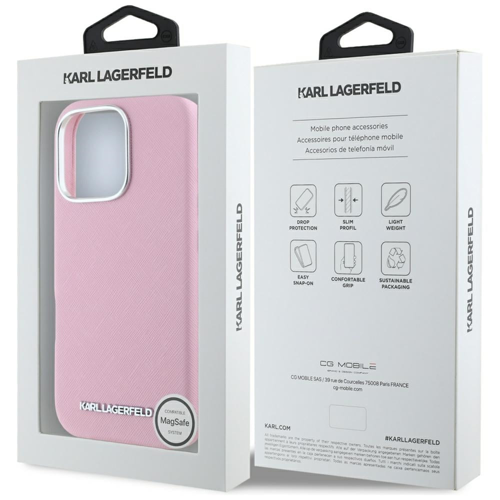MagSafe Hülle für Apple iPhone 16 Pro, Karl Lagerfeld, Saffiano Full Wrapped Elongated Metal Logo, Rosa