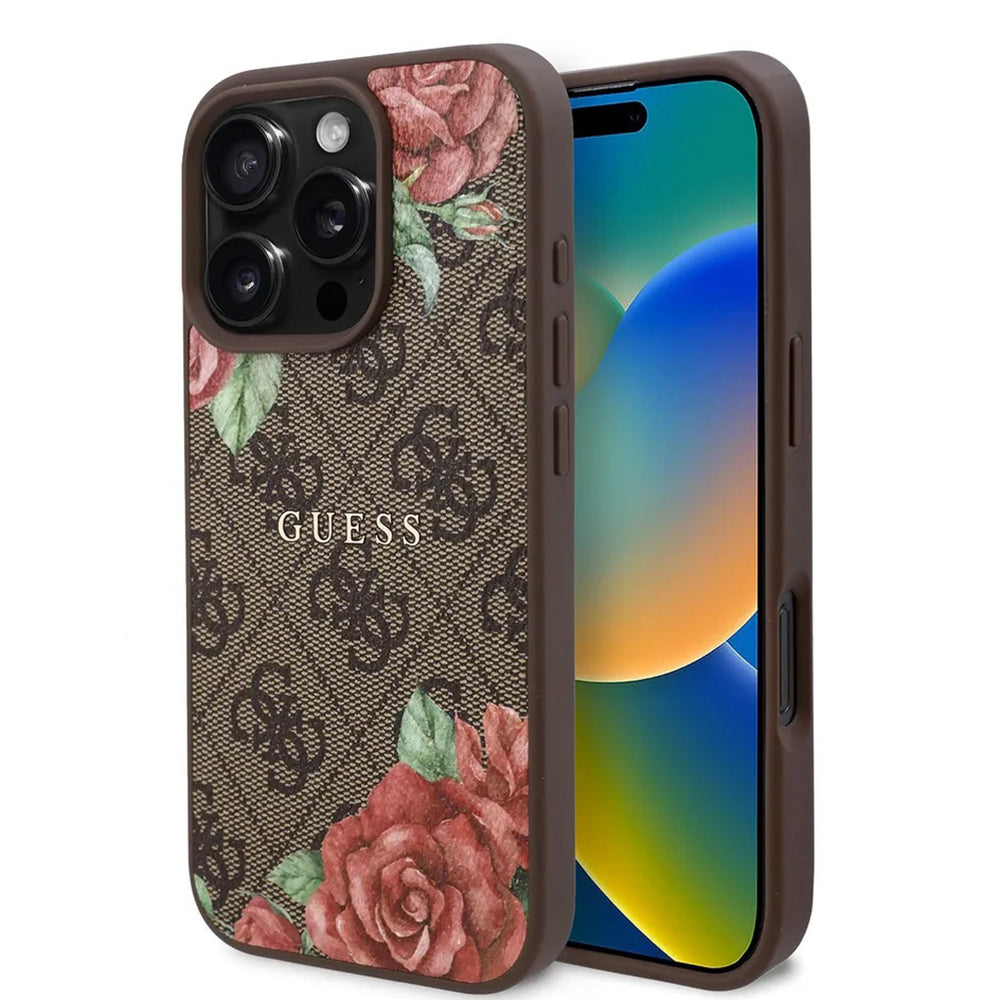 MagSafe Hülle für Apple iPhone 16 Pro Max, Guess, 4G Flowers Print, Braun