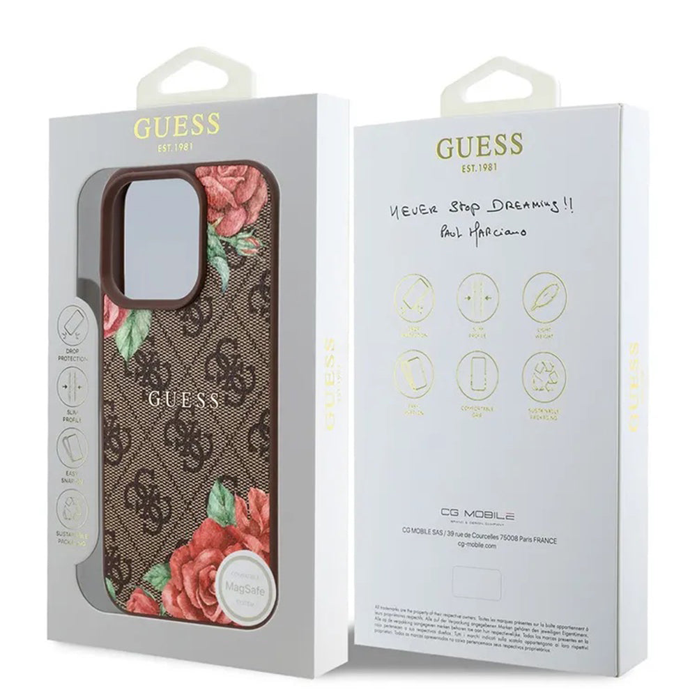 MagSafe Hülle für Apple iPhone 16 Pro Max, Guess, 4G Flowers Print, Braun
