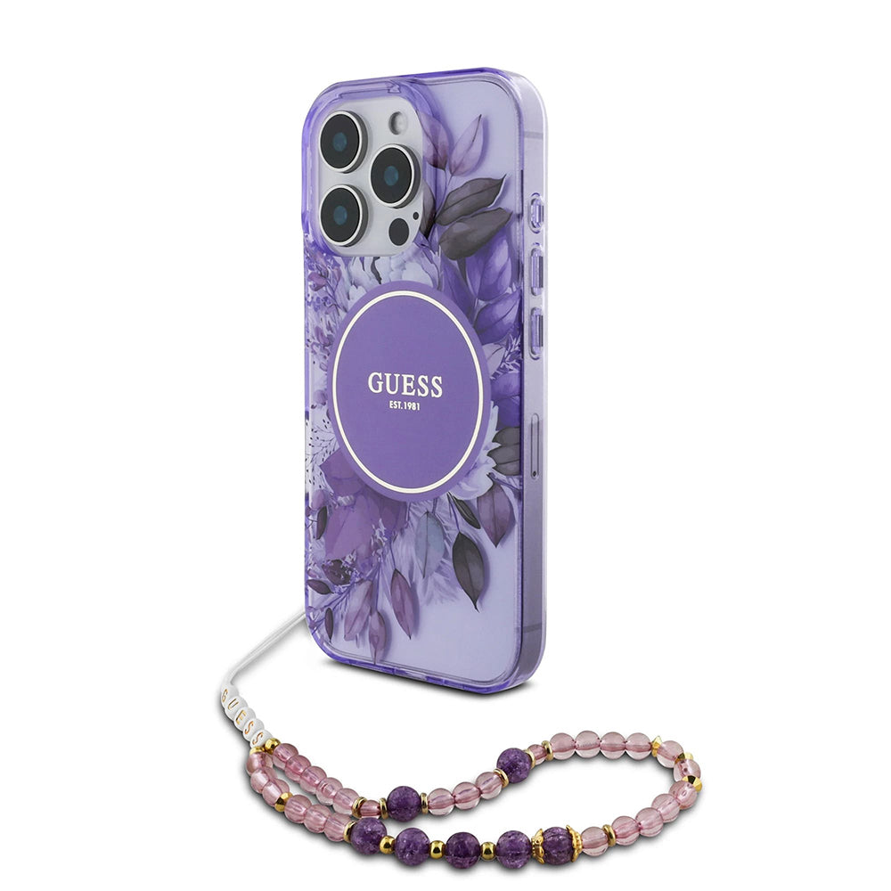 MagSafe Hülle für Apple iPhone 16 Pro Max, Guess, IML Flowers with Pearl Strap, Lila