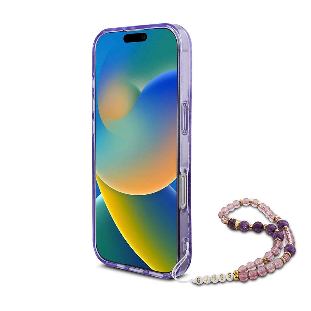 MagSafe Hülle für Apple iPhone 16 Pro Max, Guess, IML Flowers with Pearl Strap, Lila