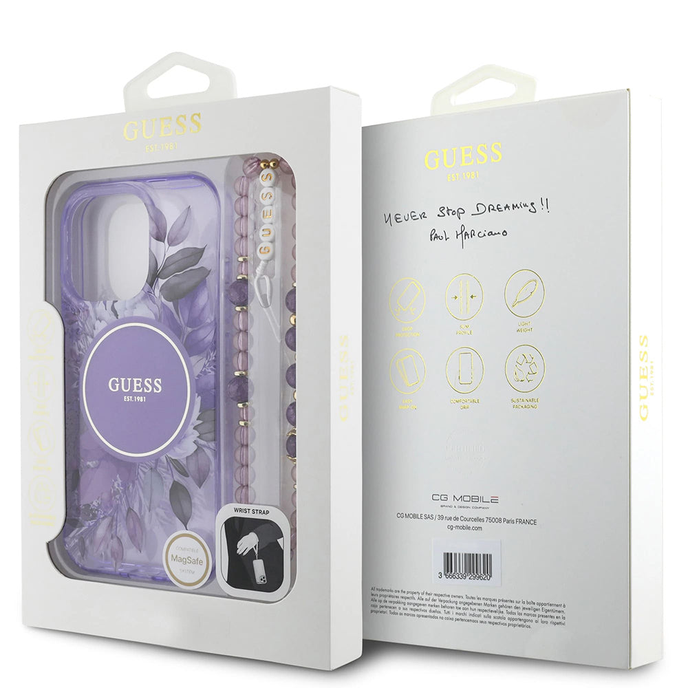 MagSafe Hülle für Apple iPhone 16 Pro Max, Guess, IML Flowers with Pearl Strap, Lila