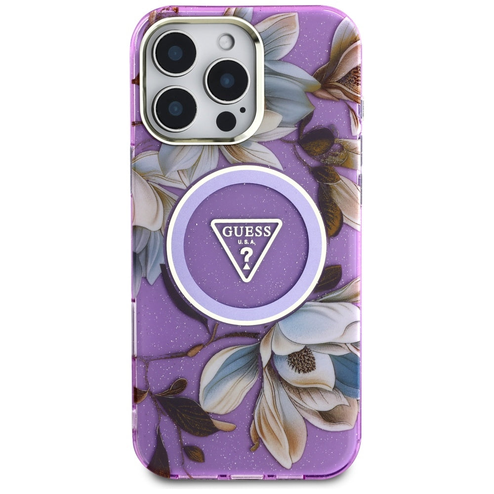 MagSafe Hülle für Apple iPhone 16 Pro Max, Guess, IML Metal Glitter Flowers Triangle, Lila