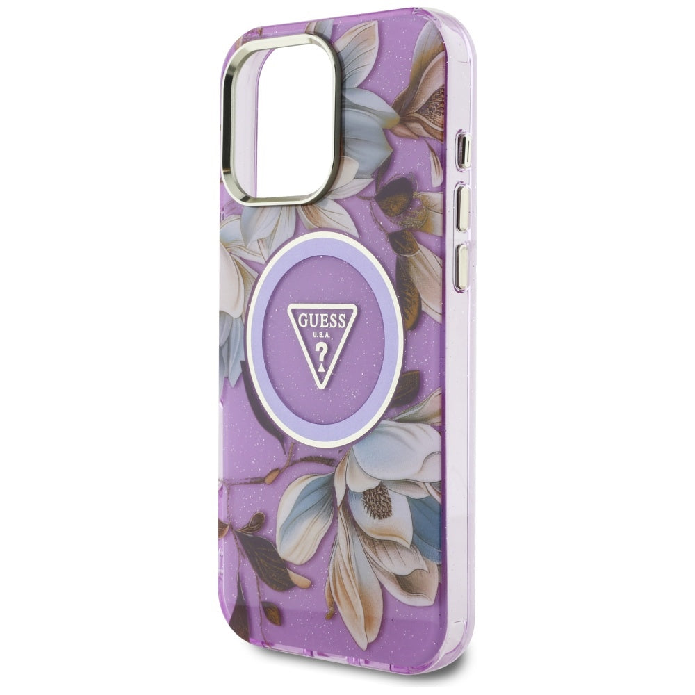 MagSafe Hülle für Apple iPhone 16 Pro Max, Guess, IML Metal Glitter Flowers Triangle, Lila