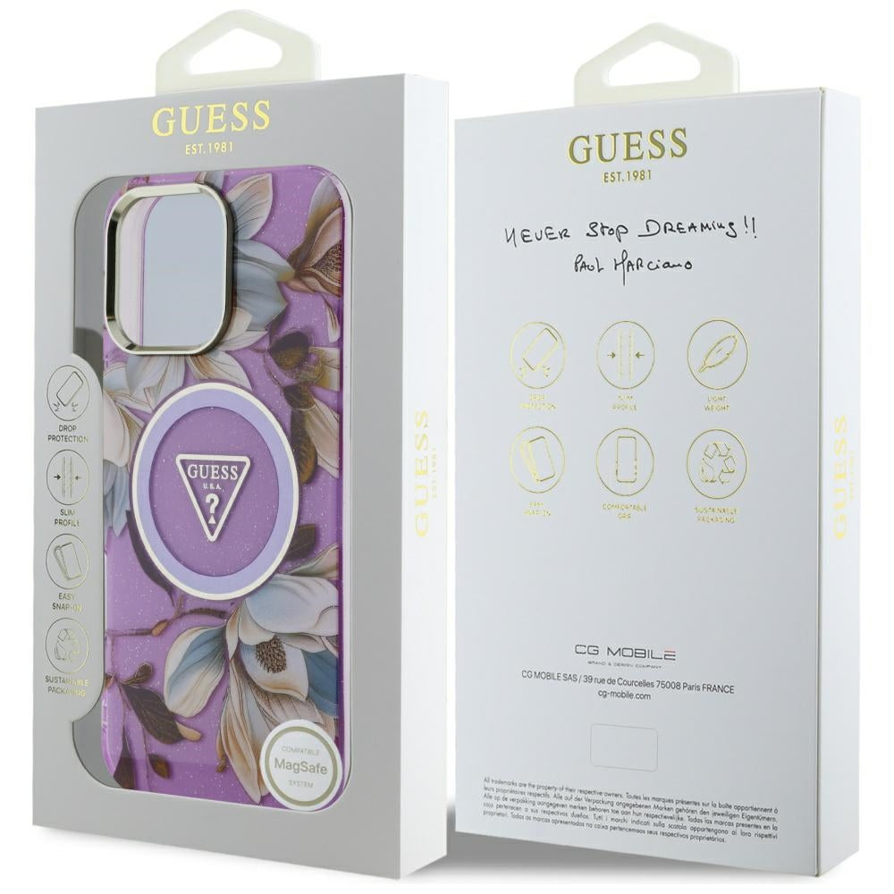 MagSafe Hülle für Apple iPhone 16 Pro Max, Guess, IML Metal Glitter Flowers Triangle, Lila