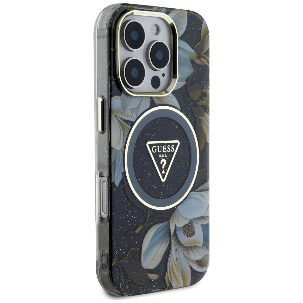 MagSafe Hülle für Apple iPhone 16 Pro Max, Guess, IML Metal Glitter Flowers Triangle, Schwarz