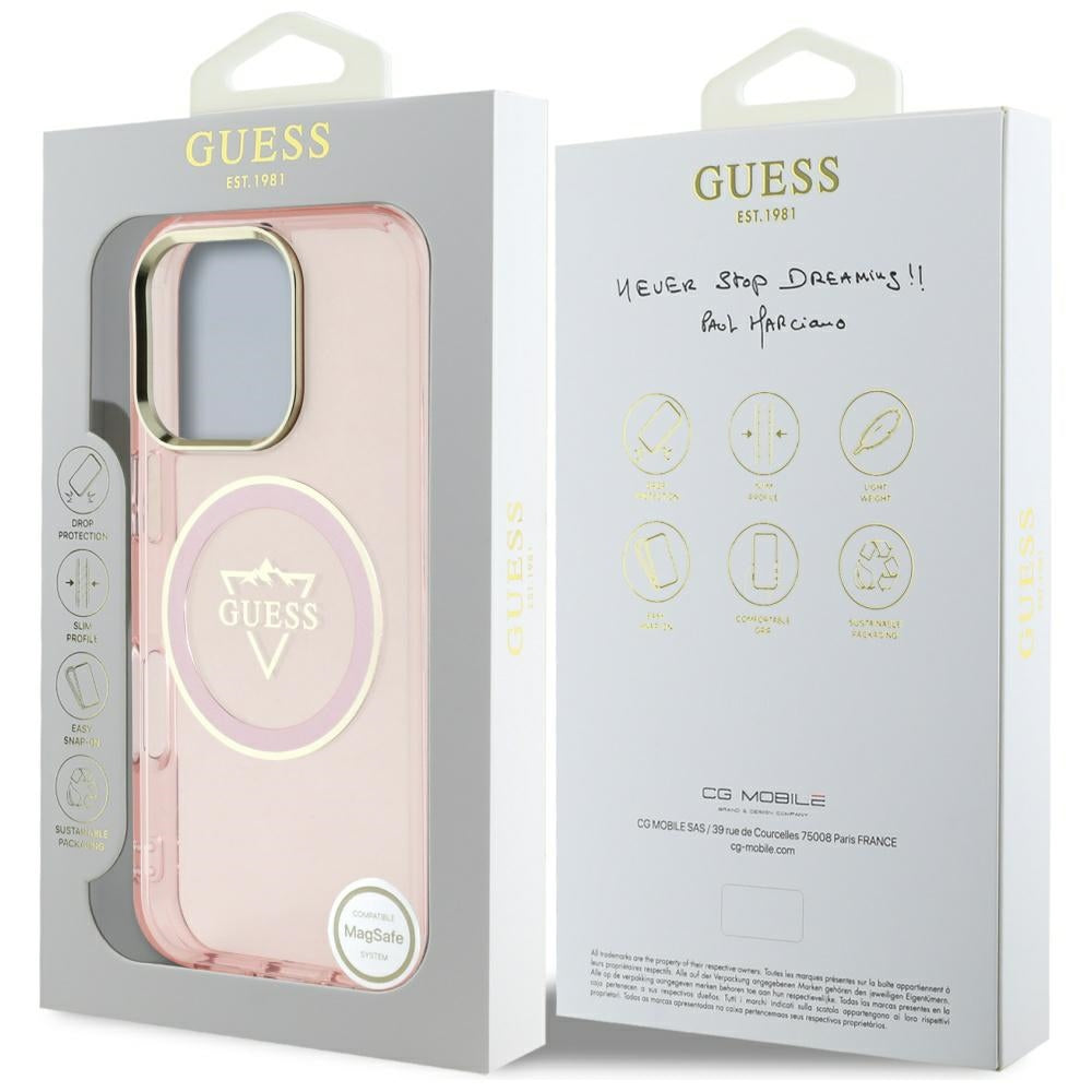 MagSafe Hülle für Apple iPhone 16 Pro Max, Guess, IML Metal Mountain Logo, Rosa