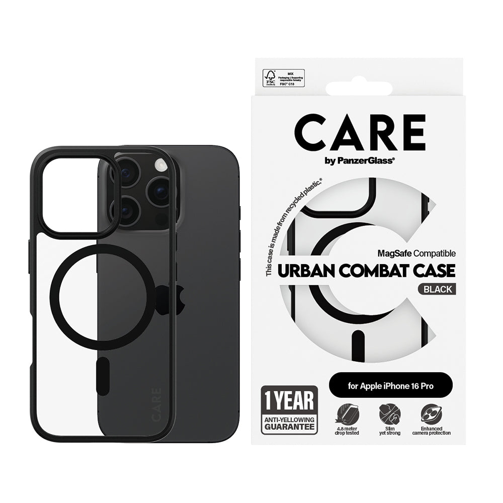 MagSafe Hülle für Apple iPhone 16 Pro, PanzerGlass, Care Urban Combat, Schwarz Transparent