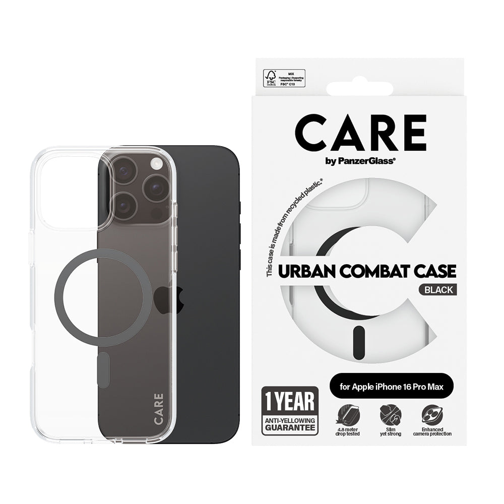 MagSafe Hülle für Apple iPhone 16 Pro, PanzerGlass, Care Urban Combat, Schwarz Transparent