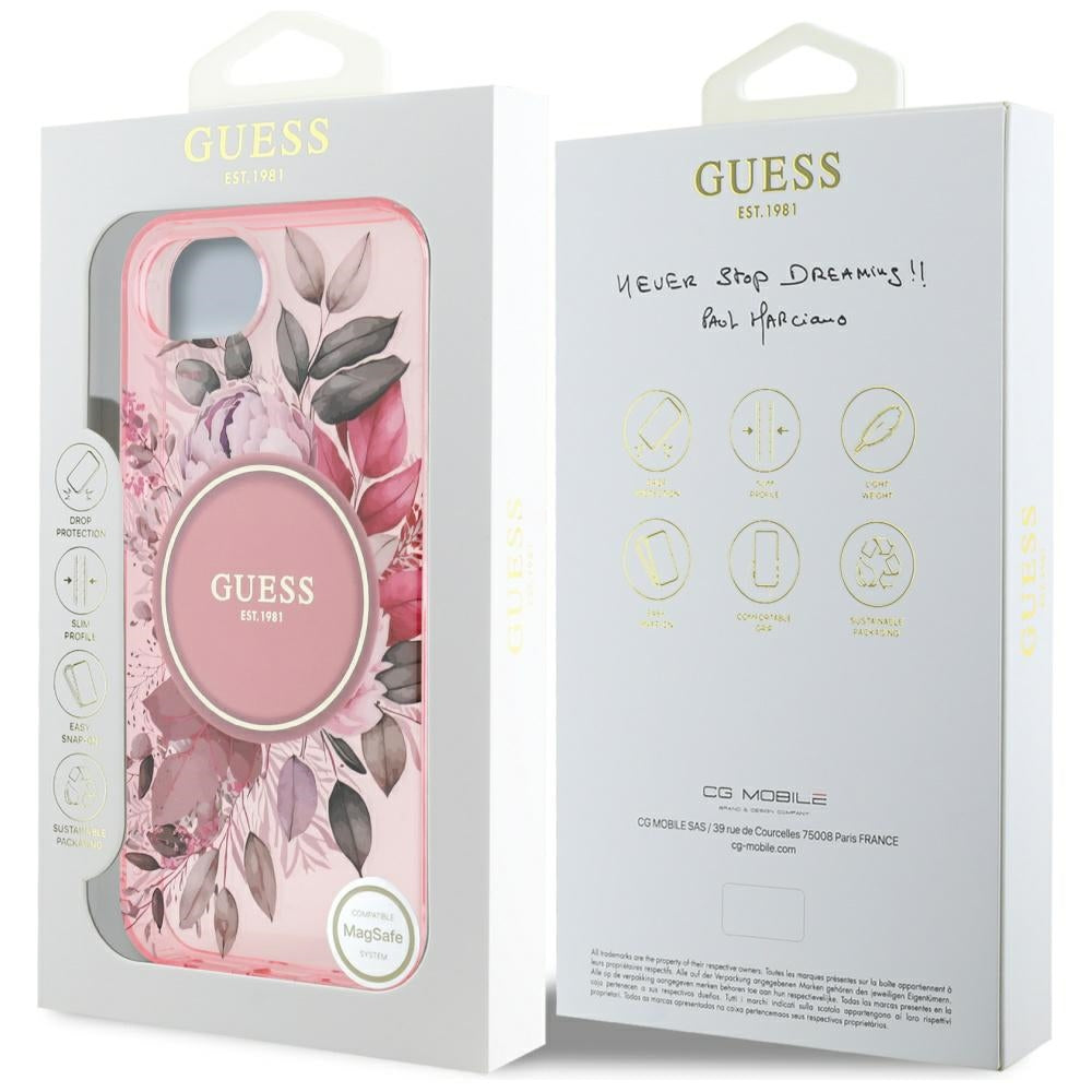MagSafe Hülle für Apple iPhone 17e / 16e, Guess, IML Flowers, Rosa