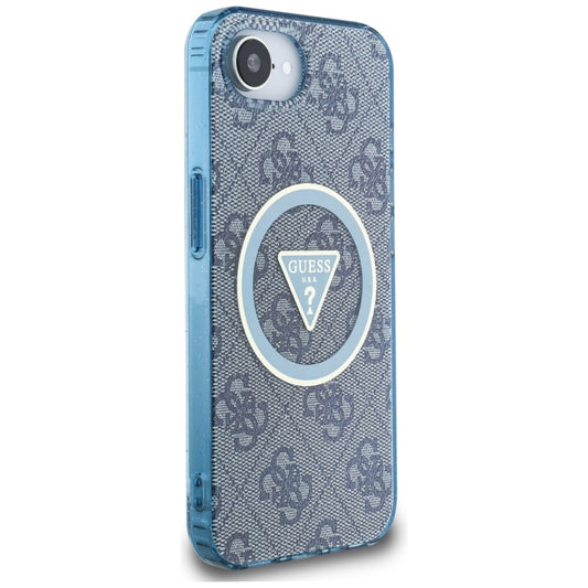 MagSafe Hülle für Apple iPhone 16e, Guess, IML Glitter 4G Circle Triangle, Blau