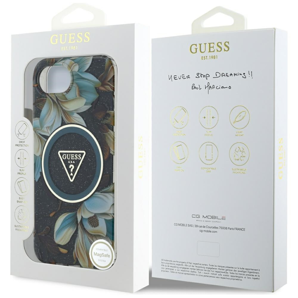 MagSafe Hülle für Apple iPhone 17e / 16e, Guess, IML Metal Glitter Flowers Triangle, Schwarz