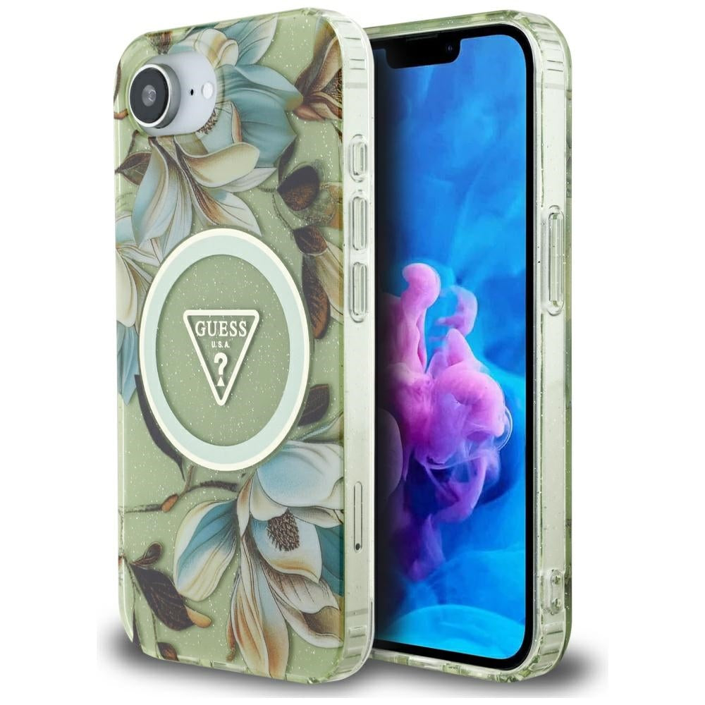 MagSafe Hülle für Apple iPhone 17e / 16e, Guess, IML Metal Glitter Flowers Triangle, Grün