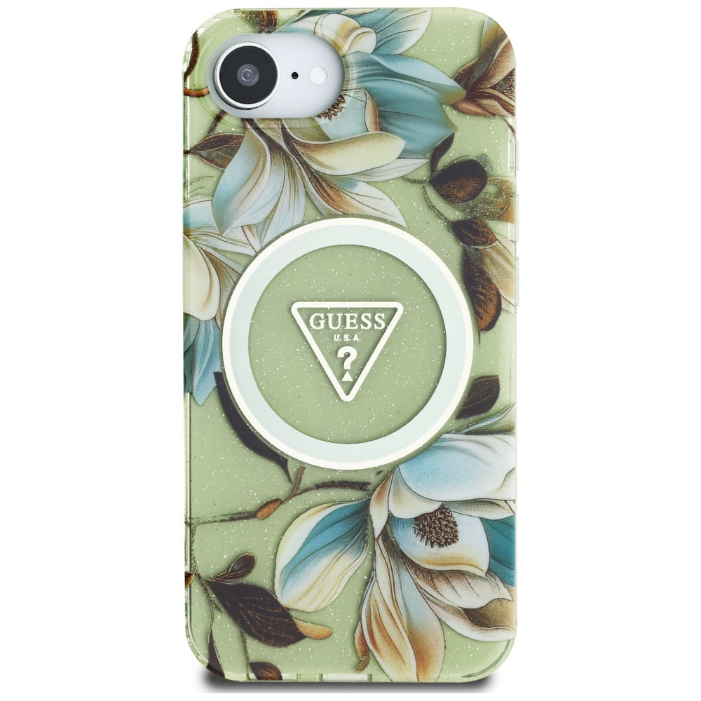 MagSafe Hülle für Apple iPhone 17e / 16e, Guess, IML Metal Glitter Flowers Triangle, Grün