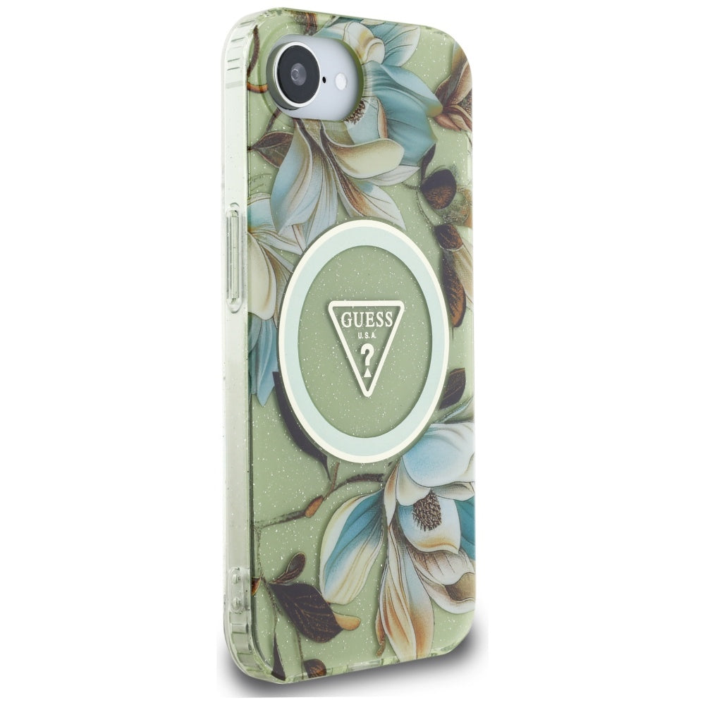 MagSafe Hülle für Apple iPhone 17e / 16e, Guess, IML Metal Glitter Flowers Triangle, Grün